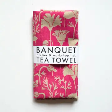 All-Linen Tea Towel with Raspberry Pink California Poppies