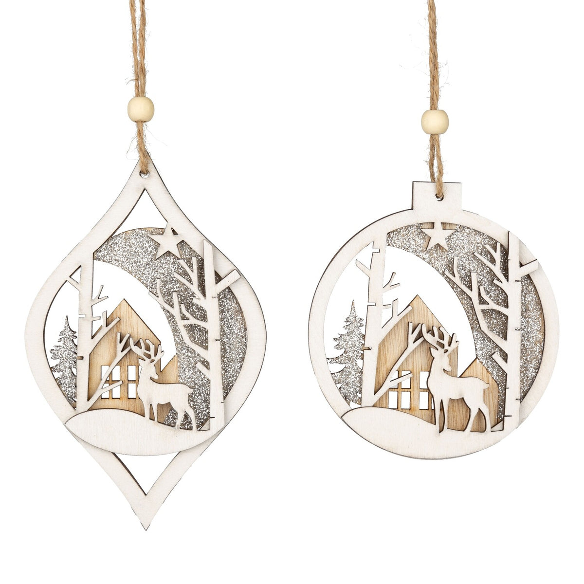 Wood Ornament Deer and Cottage Scene
