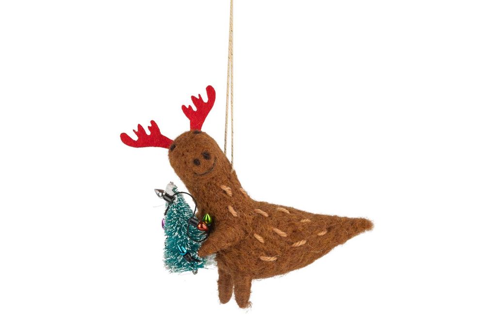 Felt dinosaur holding Christmas tree