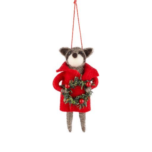 Racoon holding wreath ornament
