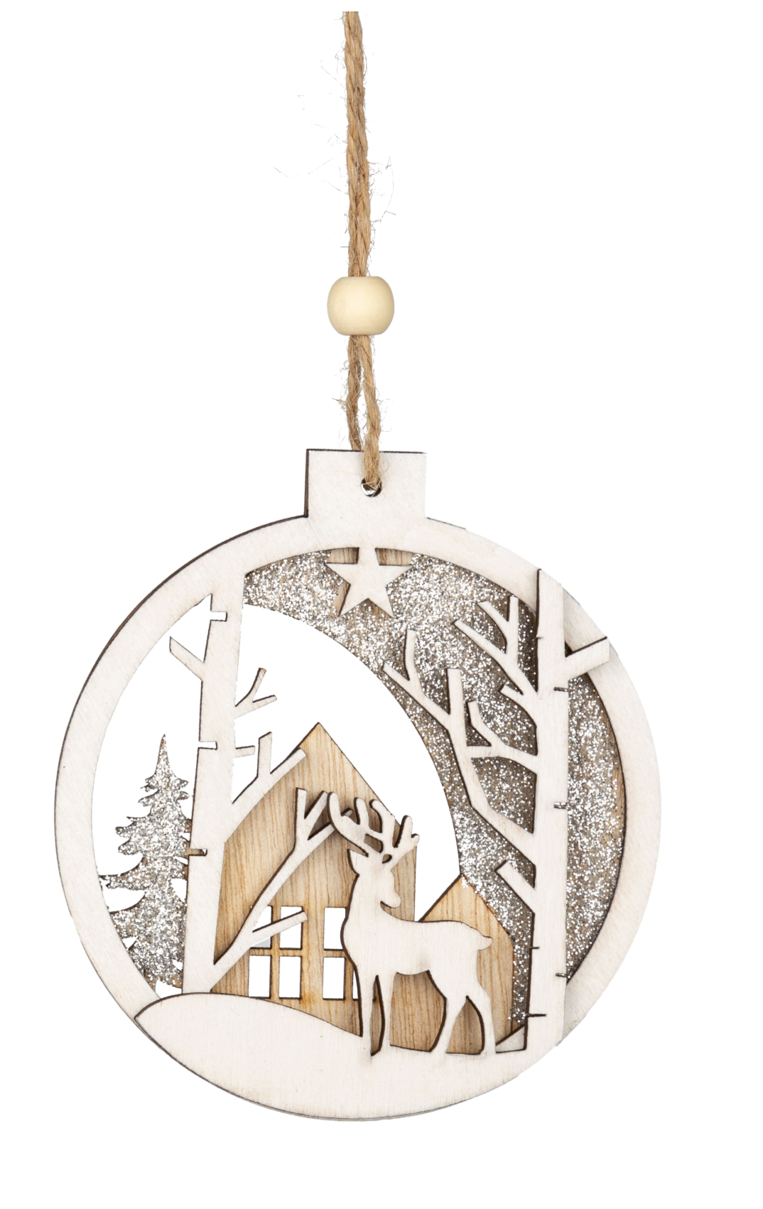 Wood Ornament Deer and Cottage Scene