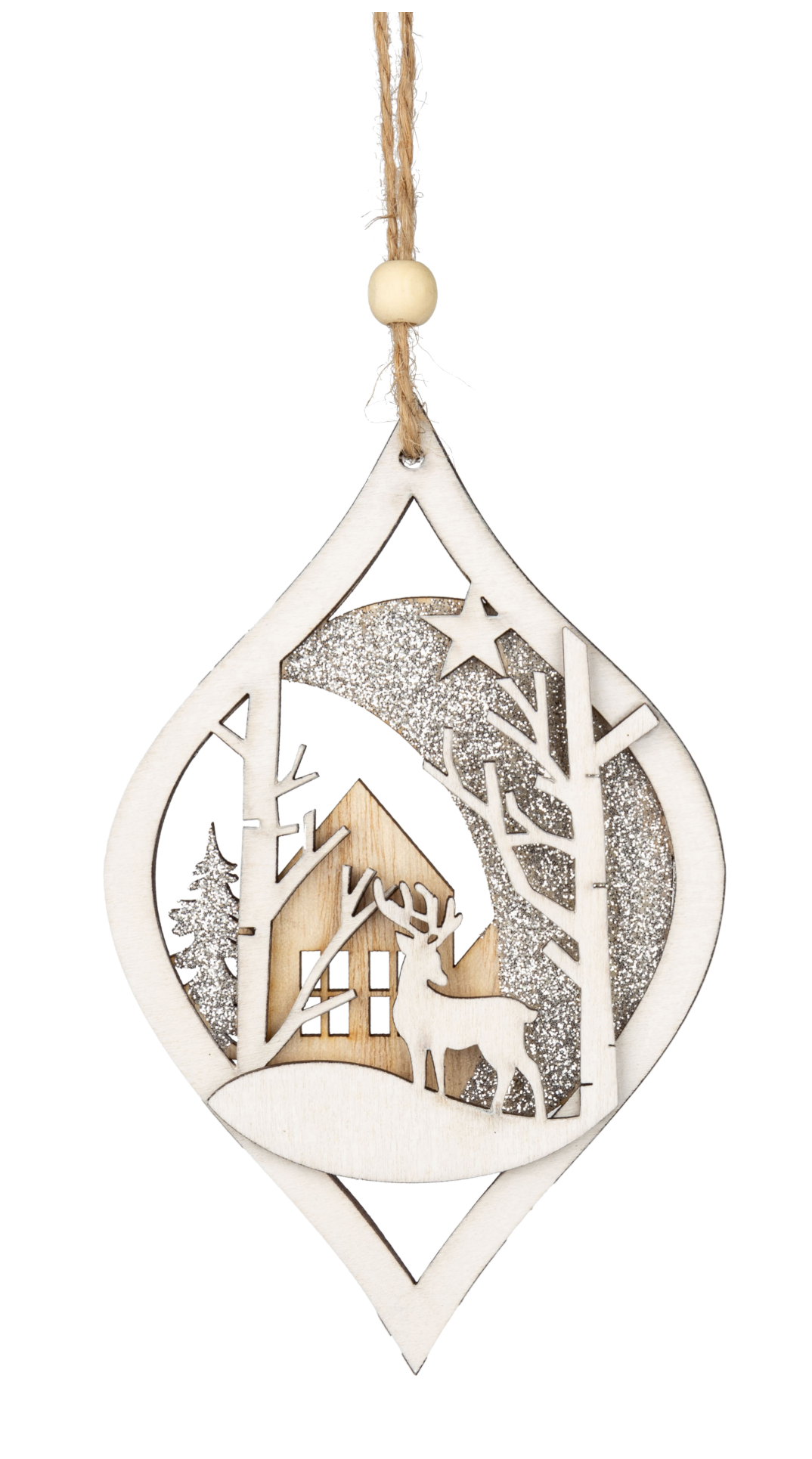 Wood Ornament Deer and Cottage Scene