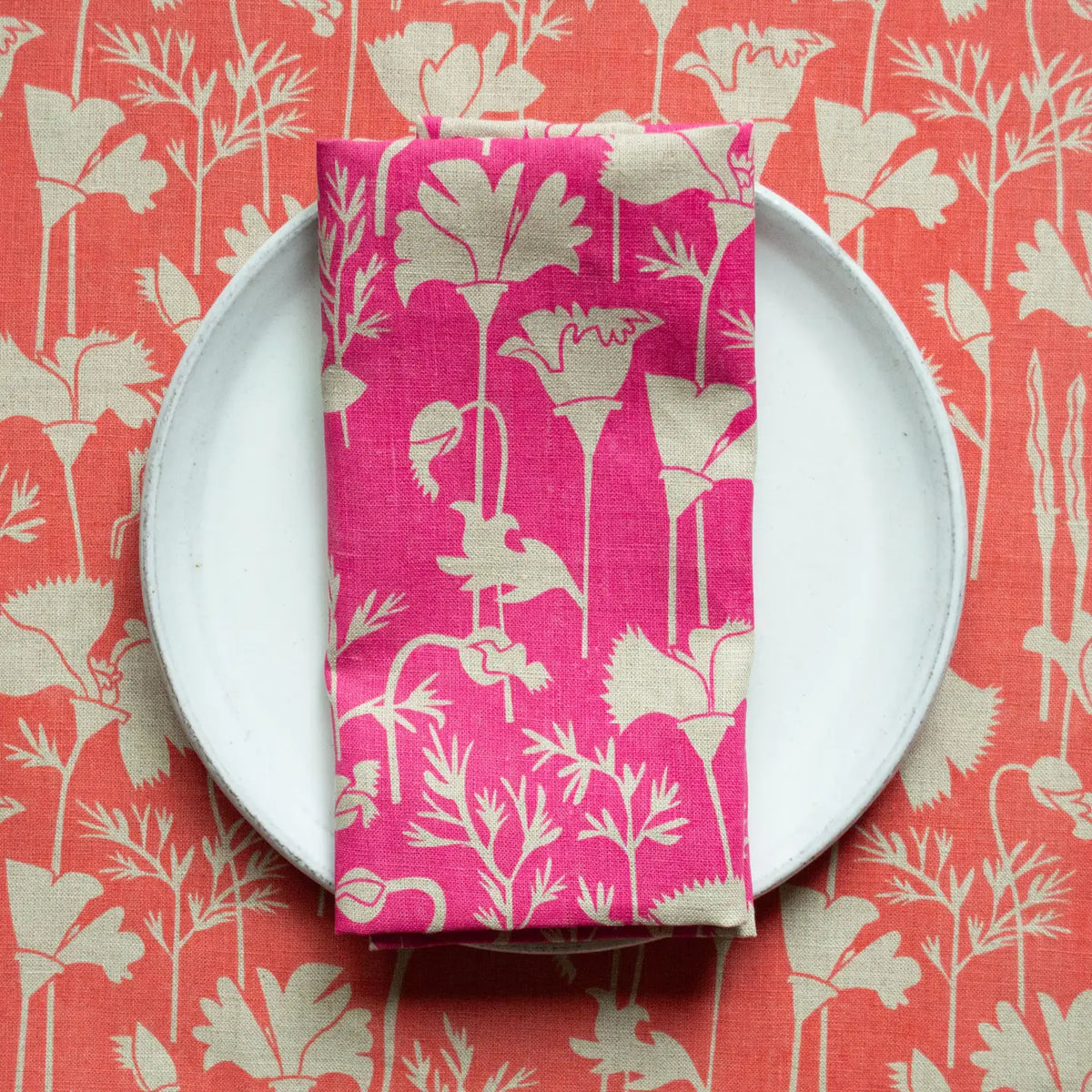 All-Linen Tea Towel with Raspberry Pink California Poppies