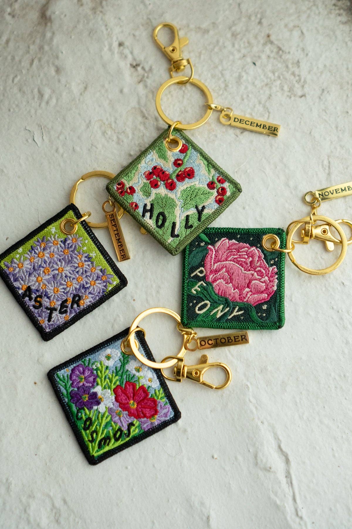 Peony - November Birth Flower Embroidered Keychain