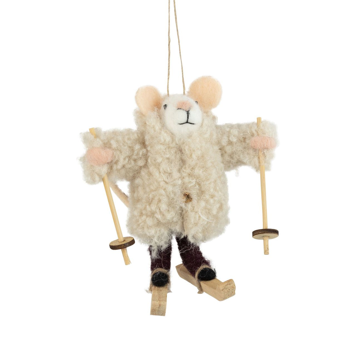 Mouse in Boucle coat with Skis Ornament