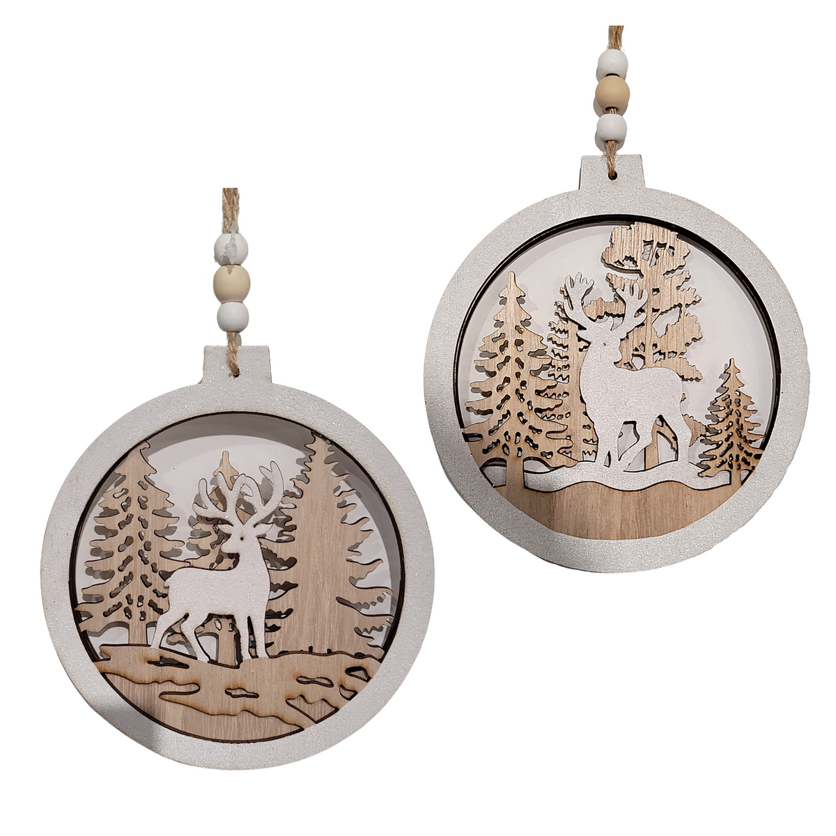 Round Wood Deer Scene Ornament